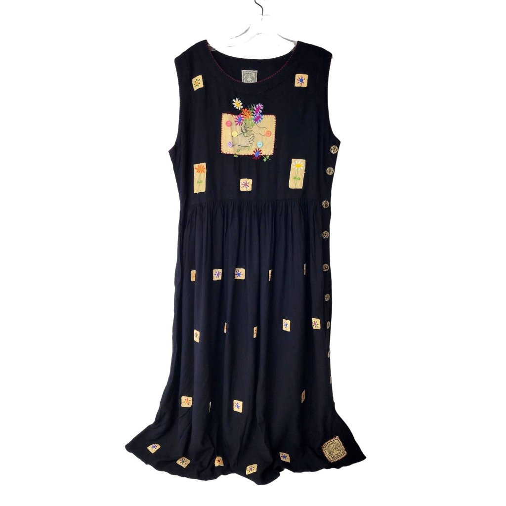 Hand Block Art To Wear Printed And Embroidered Rayon Dress Vintage 1990s